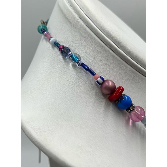 Designer Signed Artisan Evil Eye Multicolor Red Blue Glass Resin Necklace - Picture 3 of 8